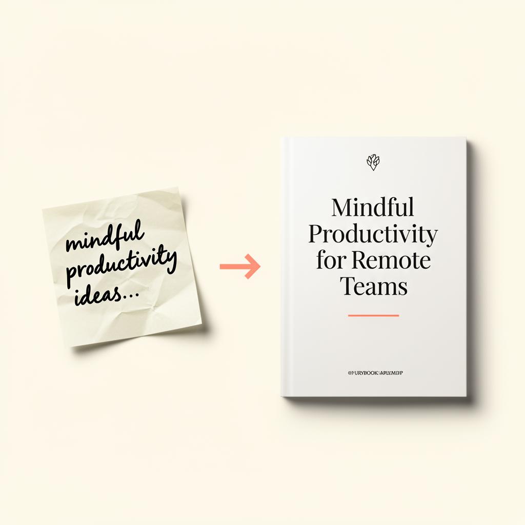 A handwritten sticky note reading 'mindful productivity ideas' next to a finished ebook cover titled 'Mindful Productivity for Remote Teams' in elegant serif type with a coral accent line.